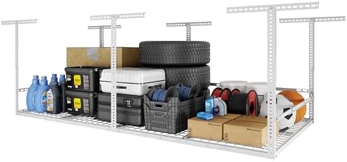FLEXIMOUNTS 4x8ft Overhead Garage Storage Rack with Safety Rails, White by FLEXIMOUNTS