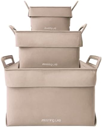 meaningLAB 3 Assorted Sizes Collapsible Felt Storage Box - 2in1 Function with Lid - Versatile Felt Storage Bins for Closet, Cube Organizer, Makeup & Basket (Beige) by meaning-LAB