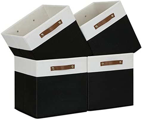 Temary Fabric Storage Bin 4 Pack Cube Storage Bin for Shelf Fabric Cube Storage Basket 13 Inch Cube Storage Bins Foldable Storage Cubes with Leather Handles(White&Black) by TEMARY