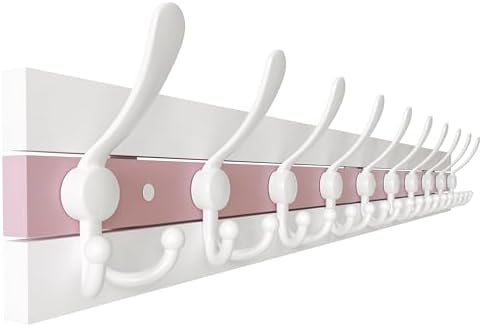 SKOLOO Coastal Wall Mounted Coat Rack - 38-1/8" Beach House Entryway Wooden Coat Hook with 10 Hooks for Hanging Coats, Hats or Towels, Oceanfront Cottage Core Collection, White & Palm Beach Pink by SKOLOO