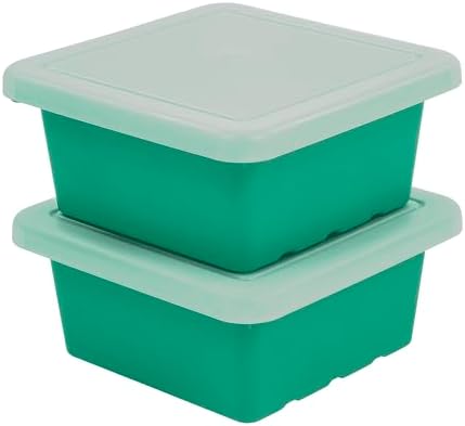 ECR4Kids Stackable Square Bins with Non-Snap Lids, Multipurpose Organization, Emerald, 2-Pack by ECR4Kids