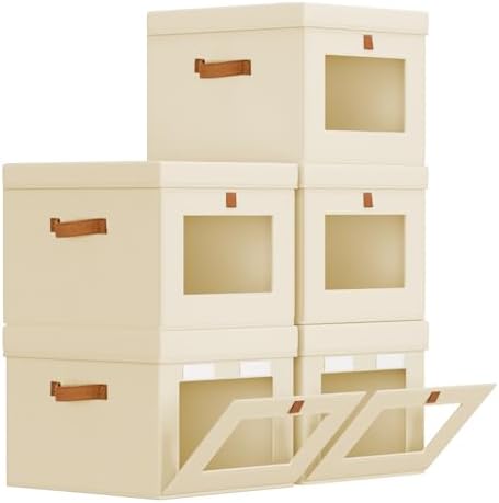 Homsorout Storage Bins with Lid – Closet Organizer with Side Opening and Clear Window, Foldable Stackable Fabric Basket for Clothes, Home, Office - 13.77" x 11.8" x 9.8", 5 Pack, Beige by Homsorout