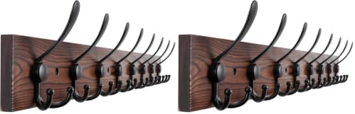 Kuhome 32.2'' Large Coat Rack Wall Mount Coat Hooks Coat Hanger with 8 Metal Black Triple- Hooks Brown Pine Real Wood Plank Hat Rack for Wall Hooks for Hanging Coat Hat Jacket (Pack of 2) by Kuhome