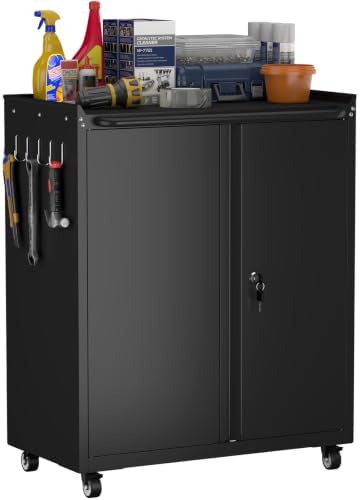 GREATMEET Garage Storage Cabinet with Wheels, Lockable Metal Storage Cabinet, Rolling Tool Cabinet with Adjustable Shelf, Push Handle for Shop, Home, Office, Black by GREATMEET