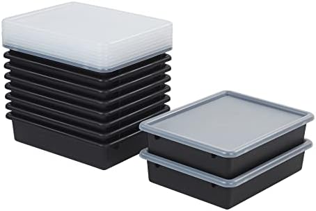 ECR4Kids Letter Size Plastic Tray Organizer with Lids, Small, Storage Bins, Black, 10-Piece by ECR4Kids
