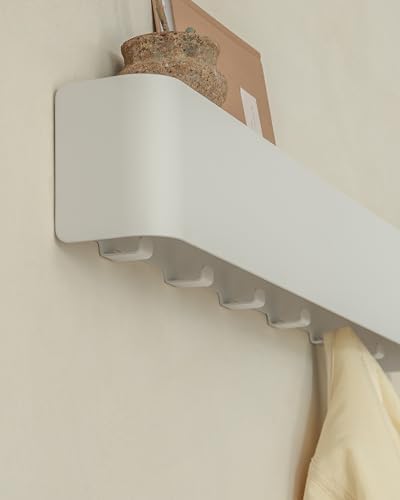 Kazai. Coat Rack Wall Mount with Shelf 'Tone' | Modern Design Coat Hanger with Hidden Hooks and Storage | Hat Rack with Shelf in Metal | Wall-Mounted Purse Organizer | White - Image 3