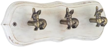 Rustic Wall Mounted Coat Rack with 3 Antique Brass Rabbit Hooks – Distressed White Wood Base, Hook Rail for Hats, Coats & Keys – Animal Themed Organizer for Home, Entryway & Nursery by TheWoodburyLane