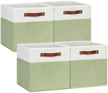 DULLEMELO Fabric Storage Cubes, 12x12 Storage Cube Bins for Organizing, Foldable Storage Baskets Square Cloth Bins for Cube Storage, Cube Organizer for Storage,White&Green by DULLEMELO
