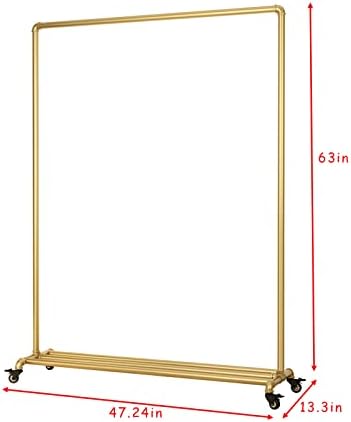 Industrial Gold Clothing Racks on Wheels, Boutique Display Gold Clothes Rack with Shelf, Rolling Garment Rack for Retail Use - Image 5
