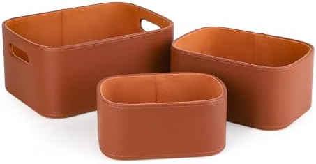HofferRuffer Faux Leather Storage Baskets Bins with Velvet Lining for Organizing, Storage, Gifts, Set of 3 Nesting Shelf Baskets Decorative Storage Boxes for Home Organization (Brown) - Image 3