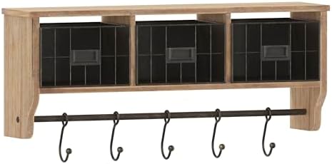 Merrick Lane Enid Wall Mount Storage Rack - Rustic Brown Pine Wood - 24" Wide - Upper Shelf - 5 Hooks - Wire Baskets - For Entryway, Kitchen, Bathroom - Image 2