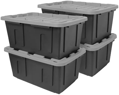 CX Heavy Duty 27-Gallon Stackable Storage Bins with Lids, Gray, 4 Pack by BLACKYELLOW