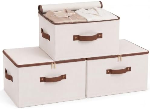 Tuza 3 Pcs Rigid Storage Bins with Zipper Lid, Cotton Linen Fabric Storage Boxes, Foldable Shelves Clothes Storage Cubes with Handles for Wardrobe, Closet(Beige, 42L) by LOVEWHEREYOULIVE