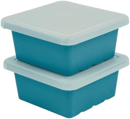 ECR4Kids Stackable Square Bins with Non-Snap Lids, Multipurpose Organization, Turquoise, 2-Pack by ECR4Kids