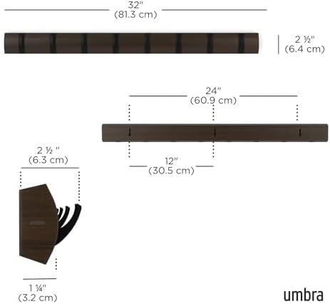 Umbra Flip Coat Rack, Wall Mount 8-Hook, Space Saving, Walnut/Black - Image 3