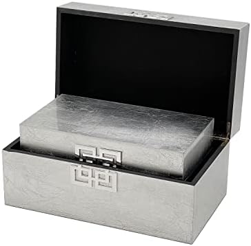 Galt International Storage Box Set Decorative Storage Box w/Hinged Lid Classic Design Wood Decor Boxes with Geometric Clasp Storage for Bedroom & Home - Set of 2 (Silver) by GaltInternational