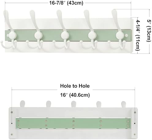 SKOLOO Coastal Wall Mounted Coat Rack - 16-7/8" Beach House Entryway Wooden Coat Hook with 5 Hooks for Hanging Coats, Hats or Towels, Oceanfront Cottage Core Collection, White & Green, Pack of 2 - Image 6