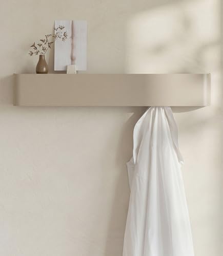 Kazai. Coat Rack Wall Mount with Shelf 'Tone' | Modern Design Coat Hanger with Hidden Hooks and Storage | Hat Rack with Shelf in Metal | Wall-Mounted Purse Organizer | Sand Taupe by KAZAI