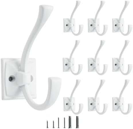 10 Pack Decorative Heavy Duty Towel Hooks for Hanging Robe Double White Coat Hooks Wall Mounted with Screws for Key, Towel, Bags, Cup, Hat by CABDM