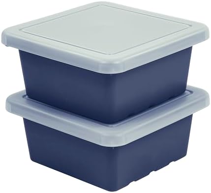 ECR4Kids Stackable Square Bins with Non-Snap Lids, Multipurpose Organization, Navy, 2-Pack by ECR4Kids