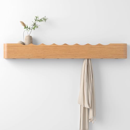 Coat Rack Wall Mount with Hidden Hooks, Wall Hooks with Shelf, Wall Key Holder Mount Wooden Shelf Entryway Hooks for Bedroom Bathroom for Hanging Coats Hats Bags Towels (Oak Wave-Shape, 8 Hooks) by Nevsokio