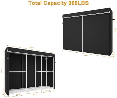 ULIFHOME E14C Pro Heavy Duty Closet Organizer System，Freestanding Clothing Racks for Hanging Clothes，Adjustable Garment Rack 69" W × 16" D × 77" H Hold 960 lbs，White Rack with Black Dustproof Cover - Image 2
