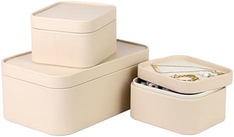 HofferRuffer Faux Leather Decorative Storage Boxes, Dust proof Storage Shelf Baskets with Lids Trays, Storage Bins Memory Box Organizer for Home, Office, Jewelry & More, Set of 3 (Beige) by HofferRuffer