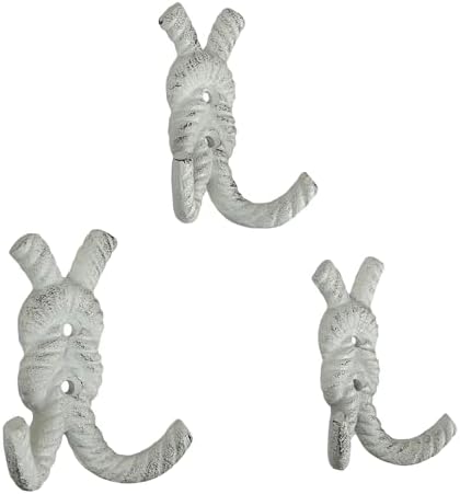 Zeckos Set of 3 Rope Knot Wall Hooks, 4 Inch Antique White Cast Iron - Image 2