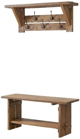 Alaterre Bethel Rustic Solid Wood Bench & Wall Mounted Coat Rack, Natural by AlaterreFurniture