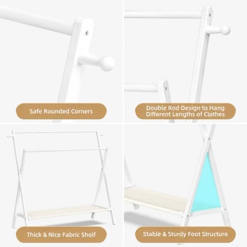 BAMBOOHOMIE Kids Clothing Rack, Small Clothes Organizer Rack, Kids Dress Up Rack with Storage Shelf & Double Rods, Bamboo Child Garment Rack for Playroom Toddler's Bedroom (Large Size - White) - Image 3