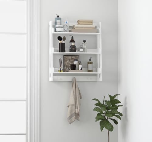 UTEX Bathroom Wall Shelf, 3-Tier Wall-Mounted Organizer with Hooks, White - Image 6