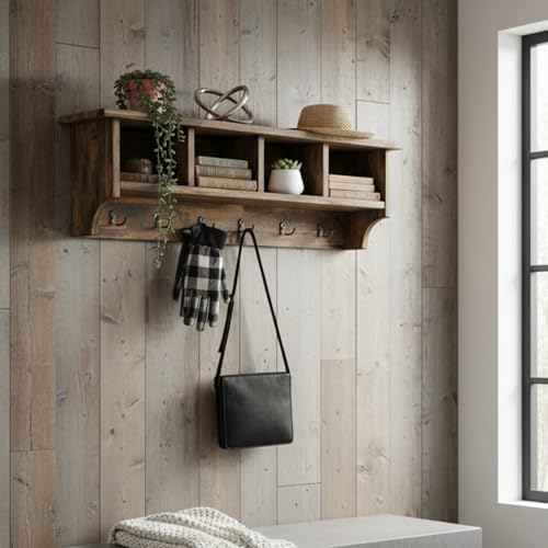 Pomona Solid Wood Entryway Coat Rack with Cubbies, Rustic Brown, 48 Inch - Image 2