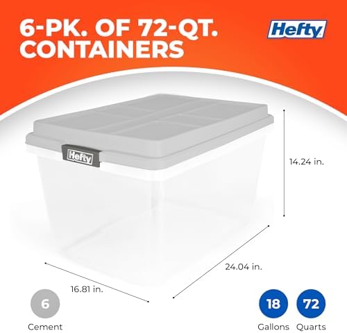 Hefty 72 Qt Hi-Rise Storage Bin with Lid, Stackable Plastic Storage Container, Organizer for Home, Garage & Closet, 6 Pack, Gray - Image 3
