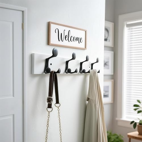 WEBI Coat Rack Wall Mount,24" Solid Wood Coat Hooks Wall Mounted Coat Hanger,16" Hole to Hole,Heavy Duty Hook Rack Rail,4 Triple Hooks for Hanging Coats,Jacket,Clothes,Hat,Backpack,White - Image 2