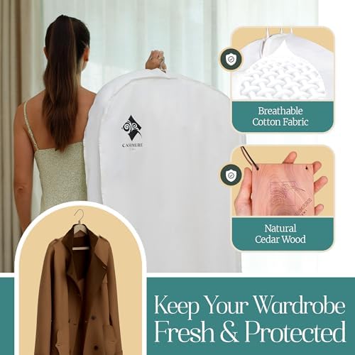 Premium 60” Cotton Garment Bag For Hanging Clothes And Storage | Wide 6” Gusset & 4 Cedar Blocks For Fresh Smell And Clothes Protection | Best For Fur Coats, Long Dresses, Gowns, Tuxedos and more - Image 2