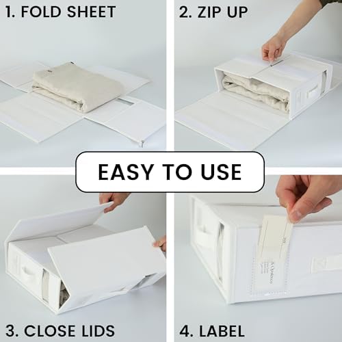 Simple&Opulence 4 Pack Bed Sheet Organizers and Storage, Linen Closet Organizers, Sheets Set Folder Storages with Window and Label (Queen/King Size) Organizing Bedding Container, White - Image 4