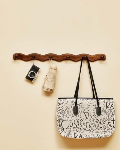 Wood Coat Rack Wall Mount - Walnut Coats Hook Hanger Wall-Mounted, Wave-Shaped Entryway Hanging Racks with 6 Hooks for Jacket Keys Hats Robes Towels Bags, Living Room Mudroom Bathroom Bedroom Hallway - Image 6