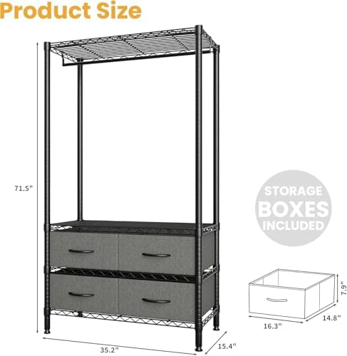 Metal Clothing Rack Adjustable Wardrobe Rack with Drawers 683LBS Black - Image 3