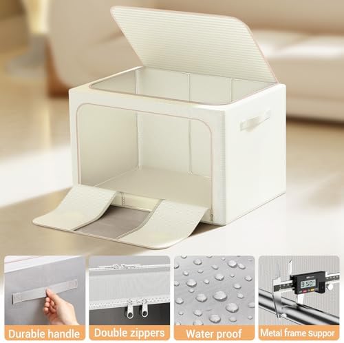 Clothes Storage Bins with Metal Frame, Foldable Clothes Organizers Storage Containers for Clothes, Sheets, Blankets, Pillows and Towels (100L, 3 Pack) Beige - Image 6