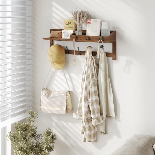 AMBIRD Wall Hooks with Shelf, 26.57 Inch Entryway Wood Coat Hooks for Wall with Shelf, Coat Rack Wall Mount with 5 Dual Hooks 3 Key Hooks Mail Organizer and Key Rack Holder (Brown) - Image 2