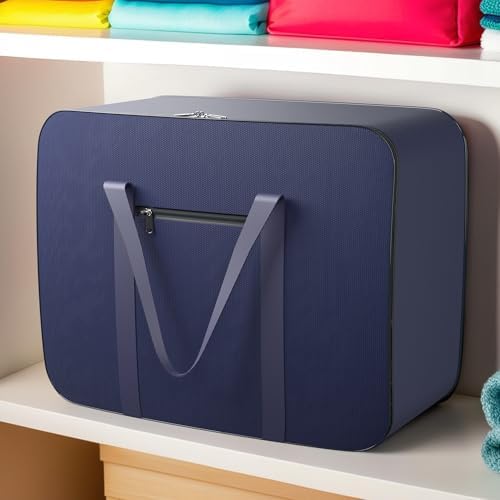 Kuber Industries Pack of 3 Storage Bag | Clothes Storage Bag | Rexine Underbed Storage Bag | Wardrobe Organizer for Blanket-Comforters | Foldable Attachi Bag with Handle | Large | Navy Blue - Image 2