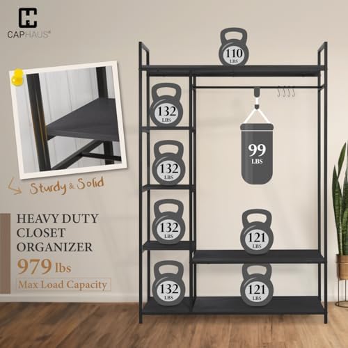 CAPHAUS 979lbs Capacity Heavy Duty Clothing Rack 48" W Metal Garment Rack with Drawers Hanging Rods and Wood Shelves Freestanding Closet Organizer, Black Board - Image 3