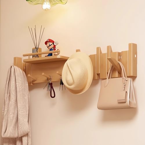 Wall Mounted Piano Key Hanger | Flip Style Hook | Entrance Wall Art Hook, Made of Oak Wood (3 Times Painted, 4 Times Polished) (Fence Beech, 10Hooks) by FleiSleep