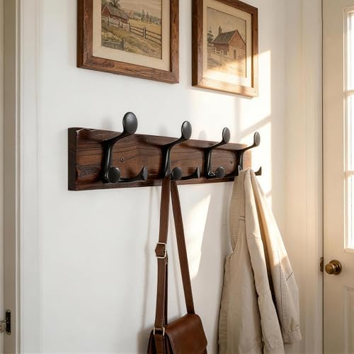 SKOLOO 24-Inch Walnut Wood Coat Rack Wall Mount with 4 Triple Hooks - Ideal for Family Entrances, Classrooms, and Pet Supplies Storage - Perfect Coat Hooks for Wall - Image 4