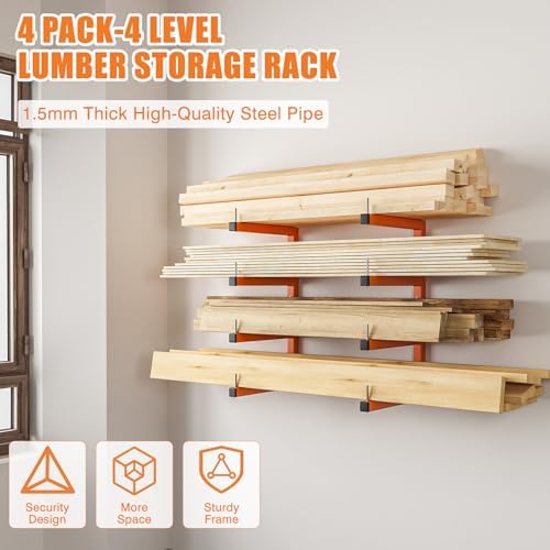4-Pack Lumber Storage Rack, Wood Storage Racks Wall Mount, Heavy Duty Garage Wood Organizer With 8-Level System, Orange Utility Rack Organization Up 1600 Lbs, Metal Lumber Shelf for Indoor & Outdoor - Image 2