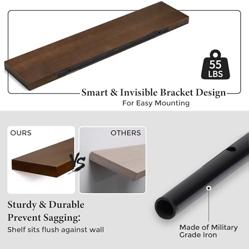 Axeman Floating Shelves, 2 Pack 8 Inch Deep Rustic Solid Wood Wall Shelves for Storage, Wall Mounted Display Shelving with Invisible Heavy-Duty Metal Bracket, 24" W x 8" D x 1.57" H, Walnut Finish - Image 4