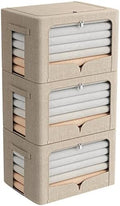 FHSQX 3 Pack Clothes Storage Bins Foldable Metal Frame Storage Box Stackable Linen Fabric Organizer Set with Carrying Handles and Clear Window (Beige, 15.7x11.8x11.8inch(36L)) by FHSQX