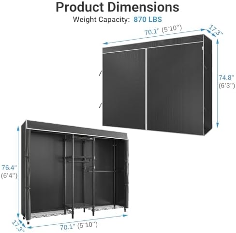 VIPEK Classic V6C Heavy Duty 5 Tiers Wire Garment Rack Large Size Wardrobe Closet Black Metal Clothing With Oxford Fabric Cover, 70.1" L x 17.3" W x 76.4" H, Max Load 870 LBS - Image 4