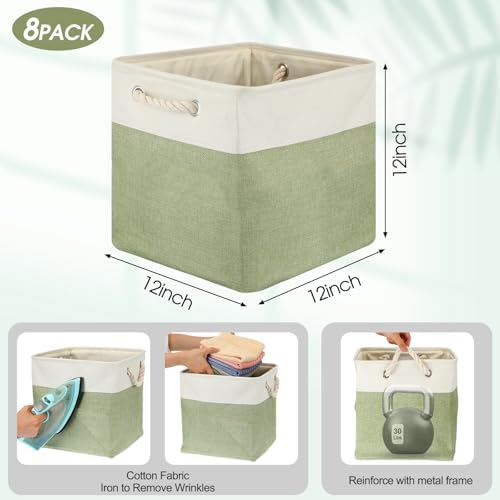 meekoo 8 Pack Fabric Storage Bins Baskets, 12 x 12 x 12 in, Green White - Image 3