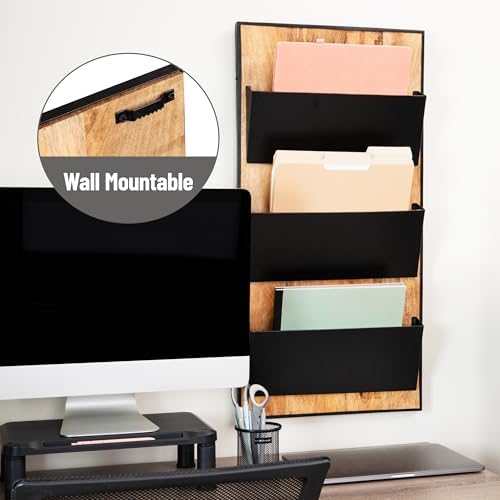 Mind Reader 3-Tier Wall-Mounted File Organizer, Wood and Metal Vertical Rack for Mail, Magazines, and Documents, Black - Image 4